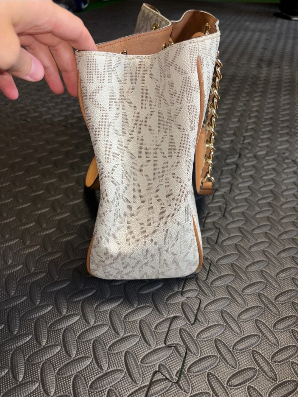 Michael Kors White and Brown MK Logo Chain-Handle Tote